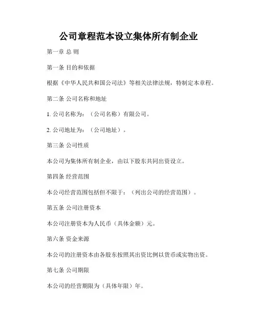 公司章程范本设立集体所有制企业