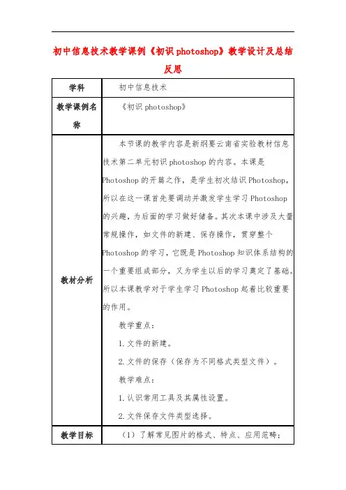 初中信息技术教学课例《初识photoshop》教学设计及总结反思