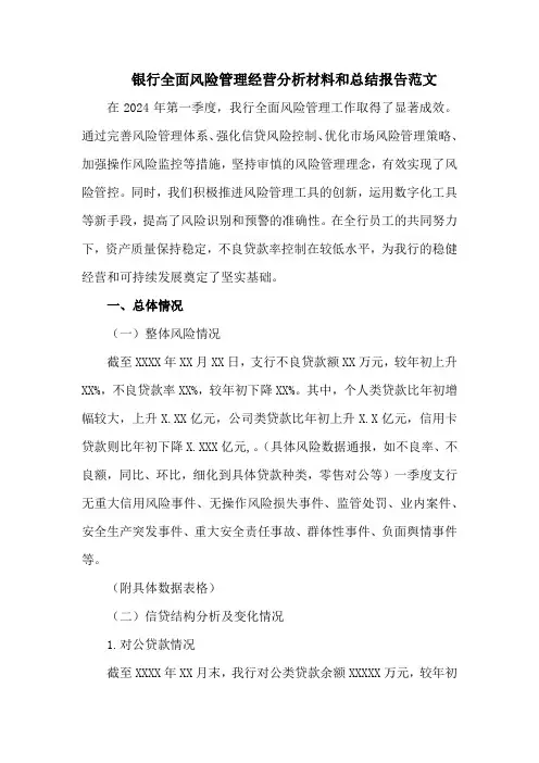 银行全面风险管理经营分析材料和总结报告范文