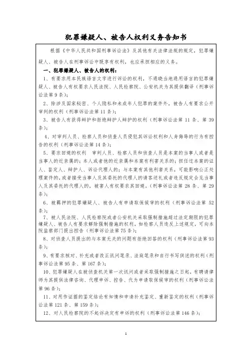 犯罪嫌疑人、被告人权利义务告知书