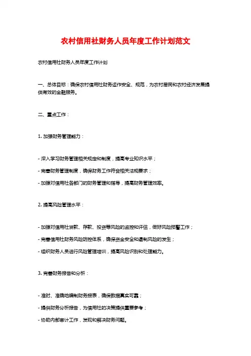 农村信用社财务人员年度工作计划范文