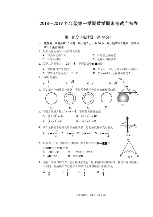 2018-2019学年九年级第一学期数学期末考试广东期卷
