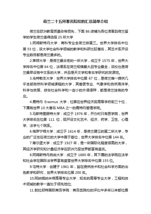 荷兰二十五所著名院校的汇总简单介绍