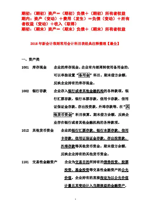 2018年新会计准则常用会计科目表经典注释整理【最全】