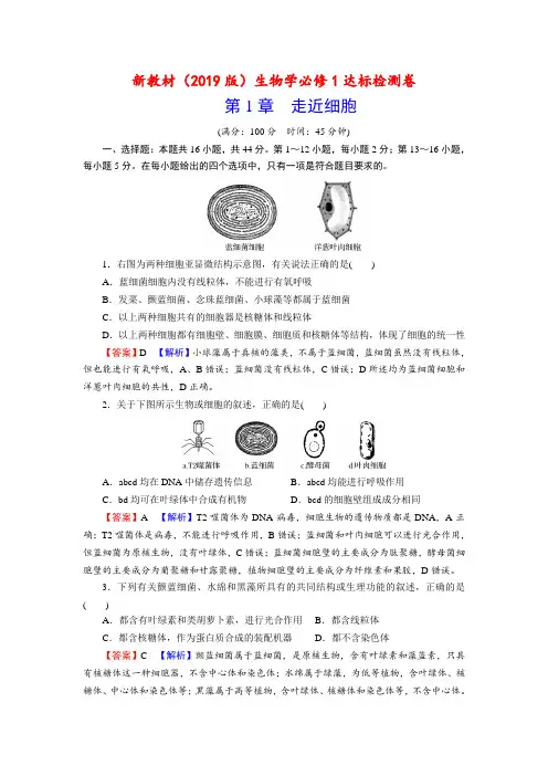 新教材(2019版)生物学必修1达标检测卷1 走近细胞