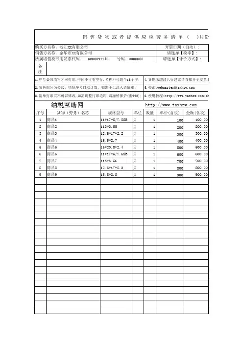 销售货物或者提供应税劳务清单模板