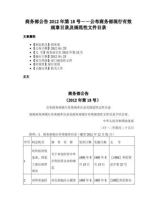 商务部公告2012年第18号――公布商务部现行有效规章目录及规范性文件目录
