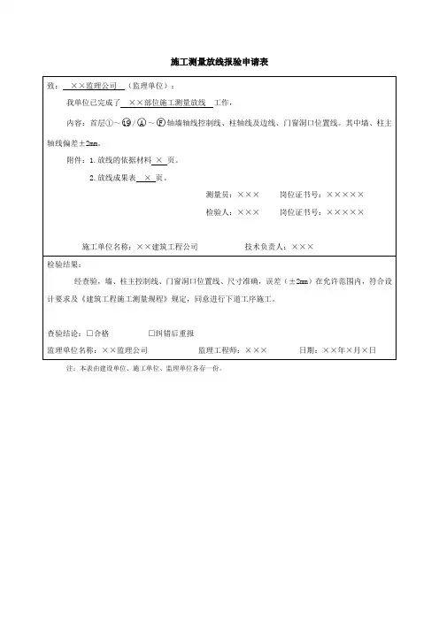 范例3-24  施工测量放线报验申请表