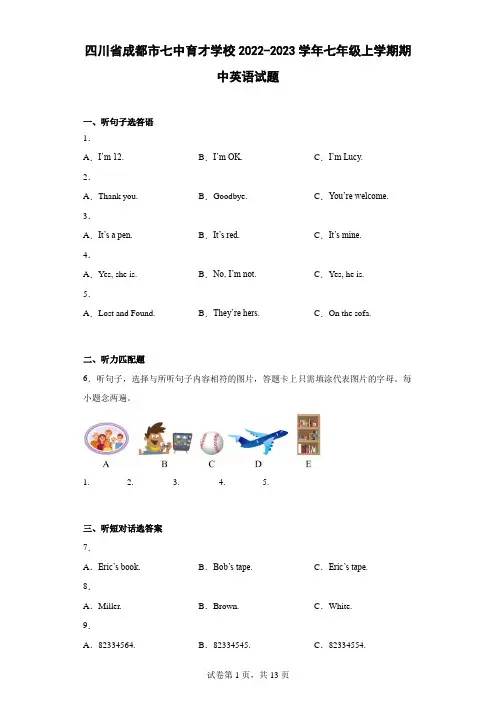 四川省成都市七中育才学校2022-2023学年七年级上学期期中英语试题