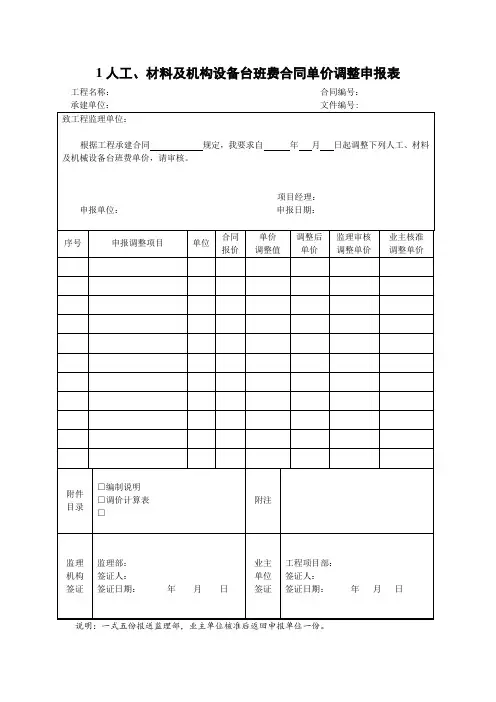 人工、材料及机构设备台班费合同单价调整申报表