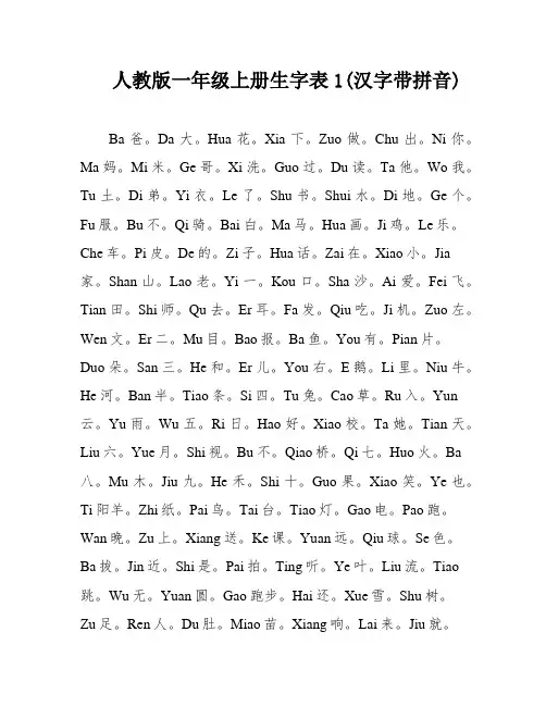 人教版一年级上册生字表1(汉字带拼音)