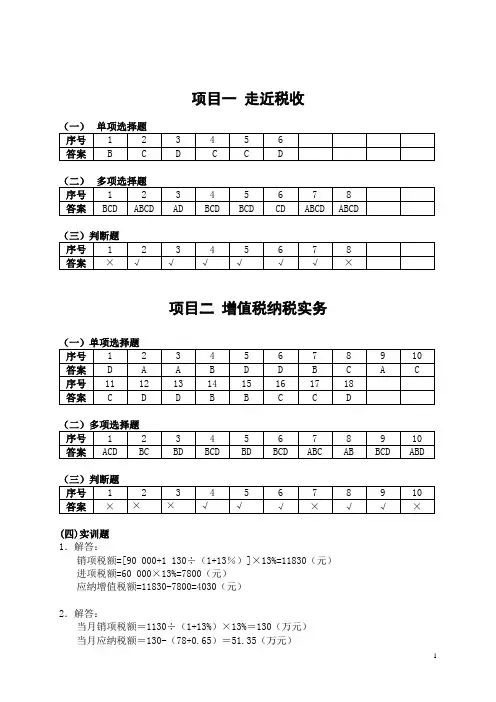 《纳税实务》教材练习与实训答案(2019.8版本)