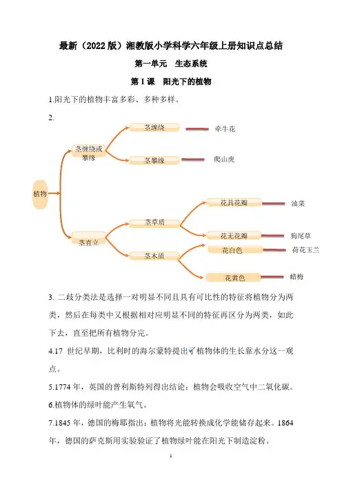 湘教版小学科学六年级上册全册知识点复习资料
