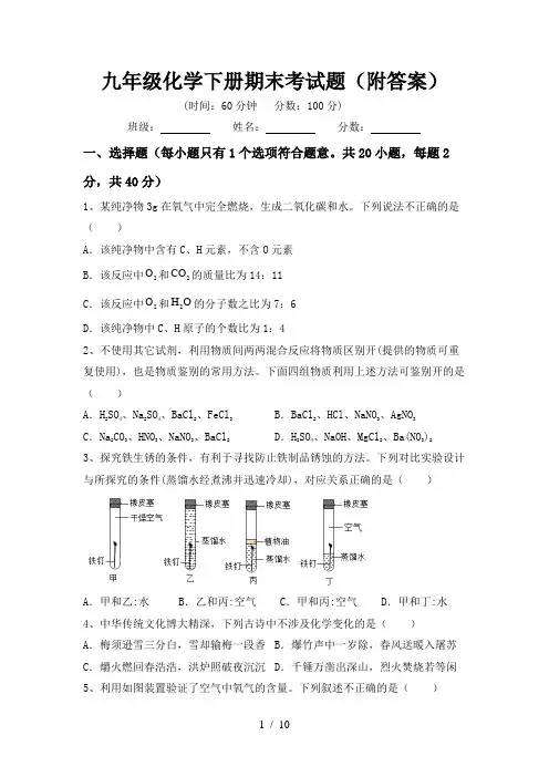 九年级化学下册期末考试题(附答案)