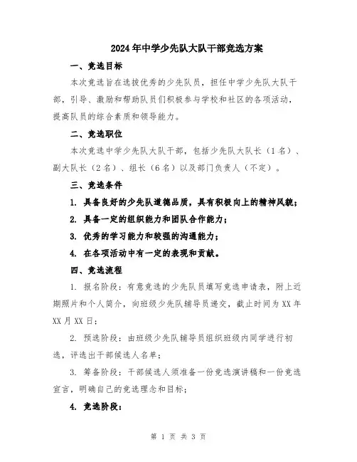 2024年中学少先队大队干部竞选方案