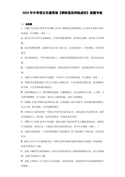 2023年中考语文名著阅读《钢铁是怎样炼成的》真题专练【附答案】