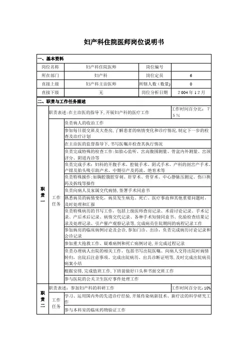 妇产科住院医师岗位说明书