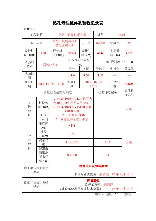 钻孔灌注桩终孔验收记录表