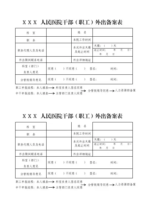 医院干部(职工)外出备案表