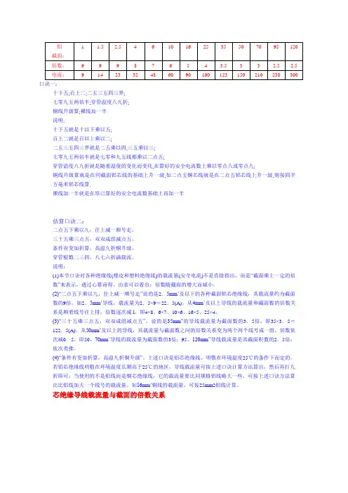 电线电流量口诀