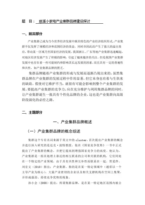 文献综述--慈溪小家电产业集群品牌建设探讨