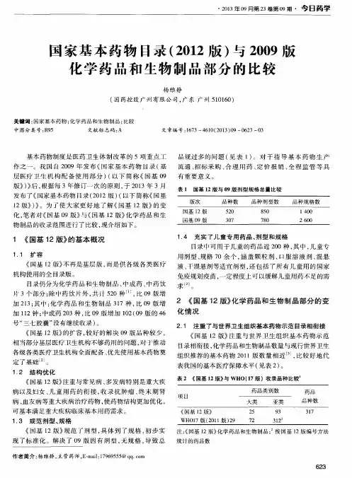 国家基本药物目录(2012版)与2009版化学药品和生物制品部分的比较