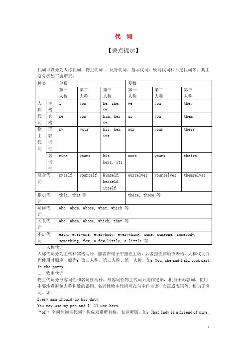 【名师导航】2014届中考英语精讲复习 代词(要点提示+专项专练)