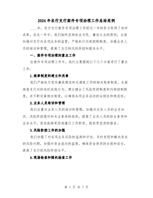 2024年农行支行案件专项治理工作总结范例(2篇)