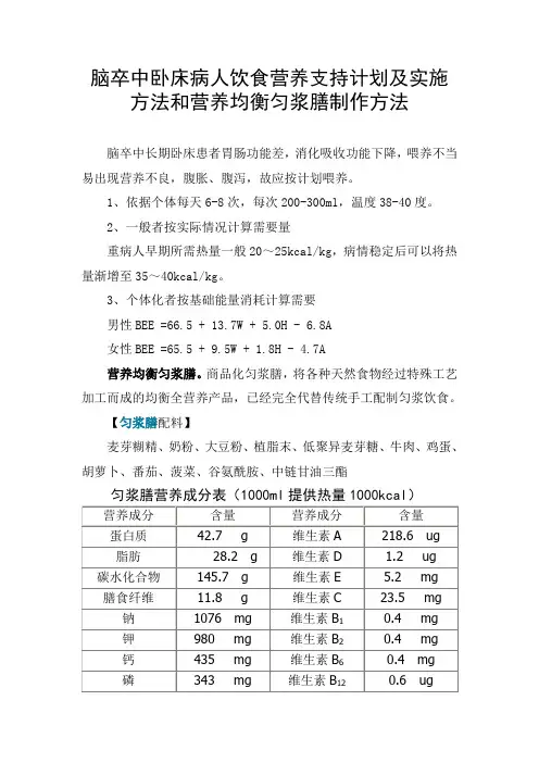 脑卒中卧床病人饮食营养支持计划及实施方法和营养均衡匀浆膳制作方法