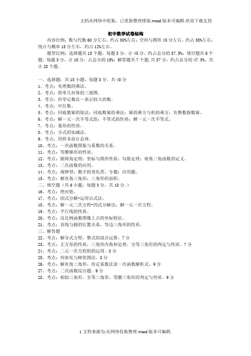 初中的考试题型和所占的分值