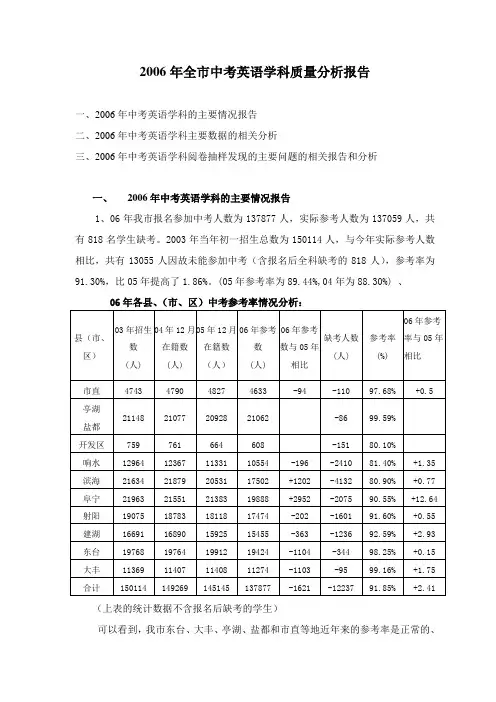 全市中考英语学科质量分析报告