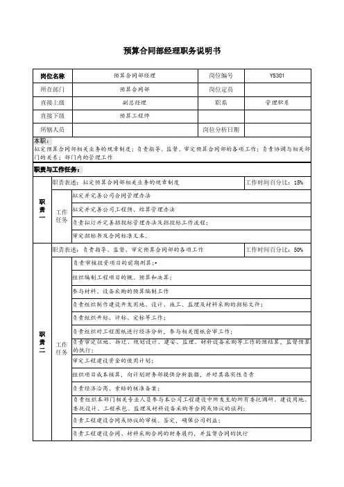 预算编制-某地产企业预算合同部经理岗位说明书 精品