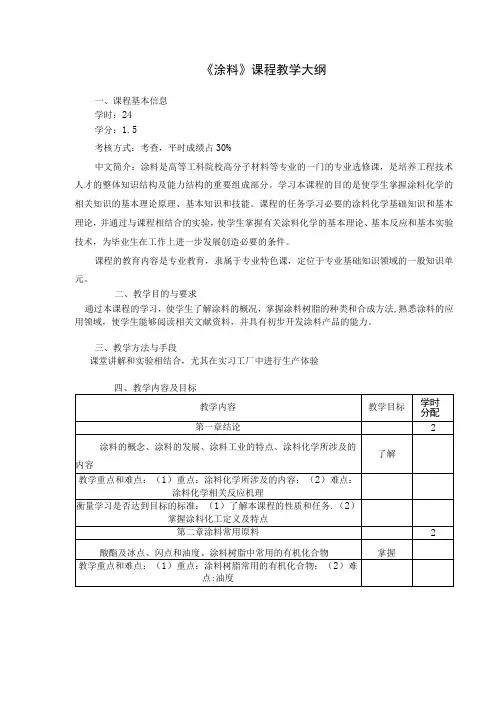 《涂料》课程教学大纲