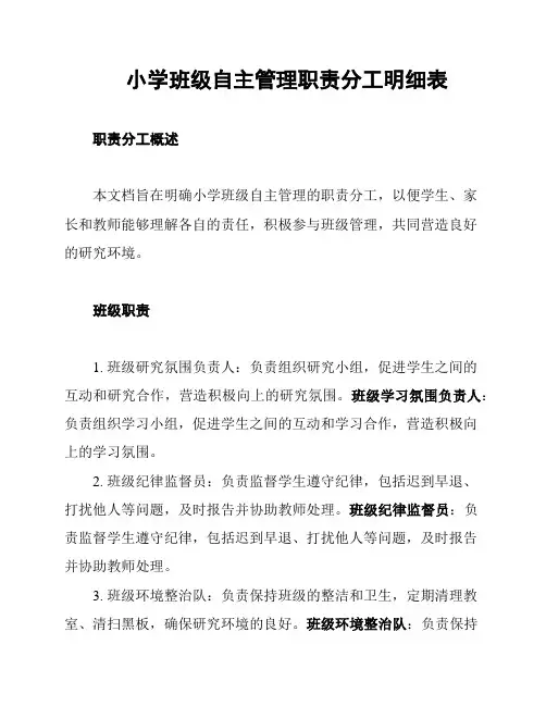小学班级自主管理职责分工明细表