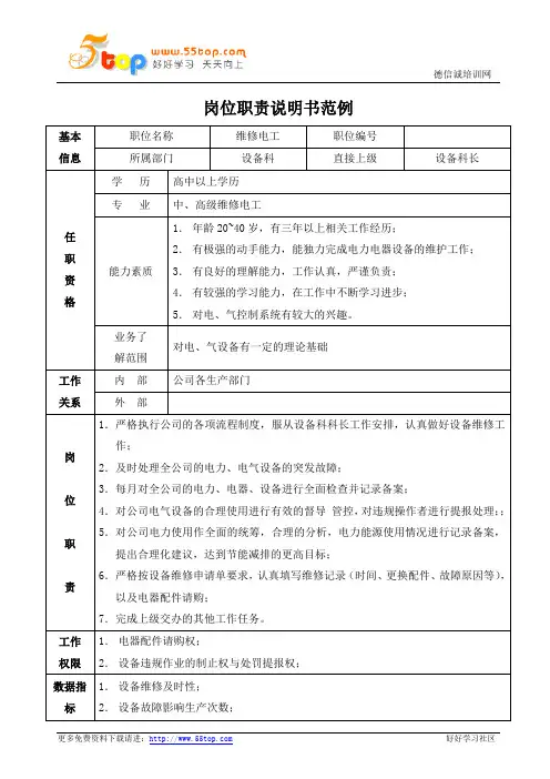维修电工岗位职责说明书