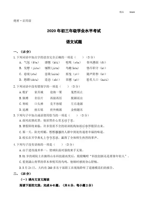 2020-2021年中考语文试卷及答案