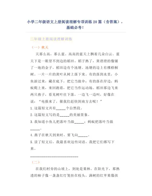 小学二年级语文上册阅读理解专项训练20篇(含答案),基础必考!