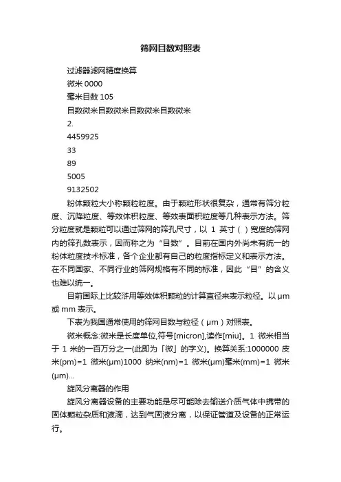 筛网目数对照表