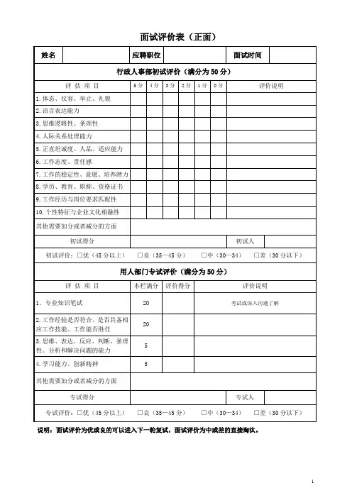 面试评价表