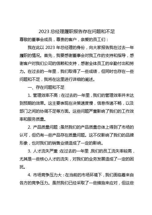 2023总经理履职报告 存在问题和不足