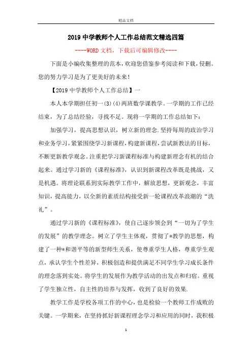 2019中学教师个人工作总结范文精选四篇