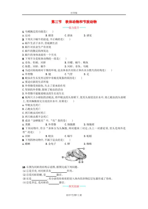 人教版生物-八年级上册-第三节 软体动物和节肢动物 习题