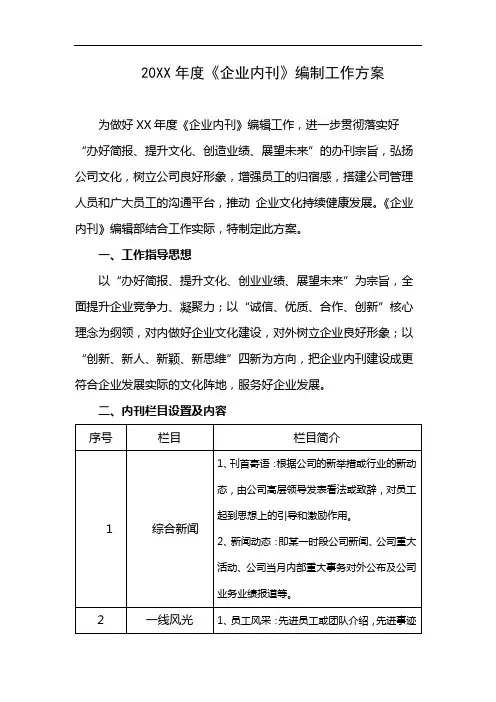 20XX年度《企业内刊》编制工作方案