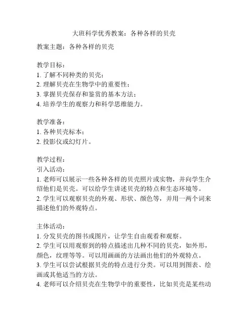 大班科学优秀教案：各种各样的贝壳