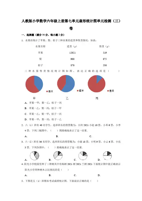 人教版小学数学六年级上册第七单元扇形统计图单元检测(三)卷(含答案)
