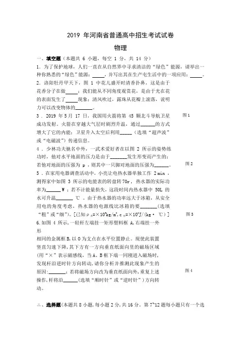 2019年河南省普通高中招生考试物理试题暨答案