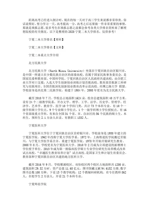 2020宁夏二本大学排名(最新)
