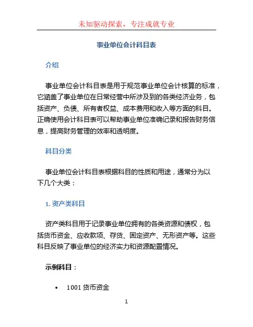 事业单位会计科目表