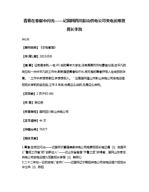 青春在奉献中闪光——记国网四川彭山供电公司变电运维班班长李凯