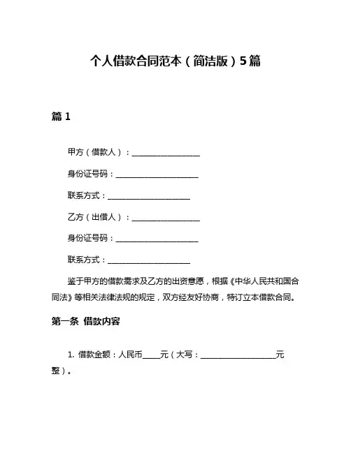 个人借款合同范本(简洁版)5篇